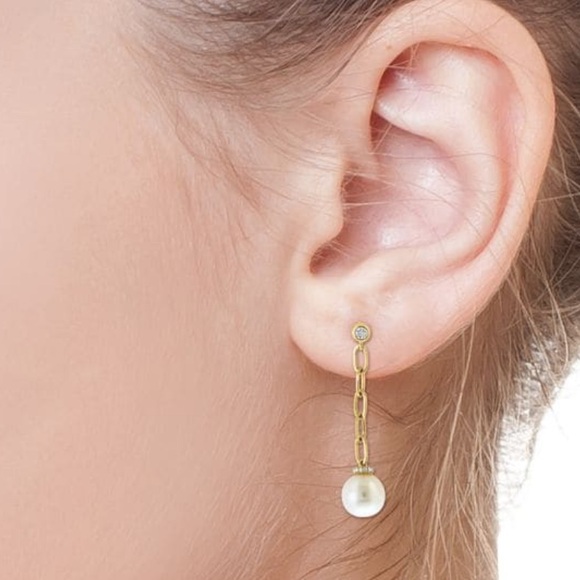 $1,860 New EFFY 14K Yellow Gold, 8MM Freshwater Pearl & Diamond Drop Earrings - Picture 4 of 14